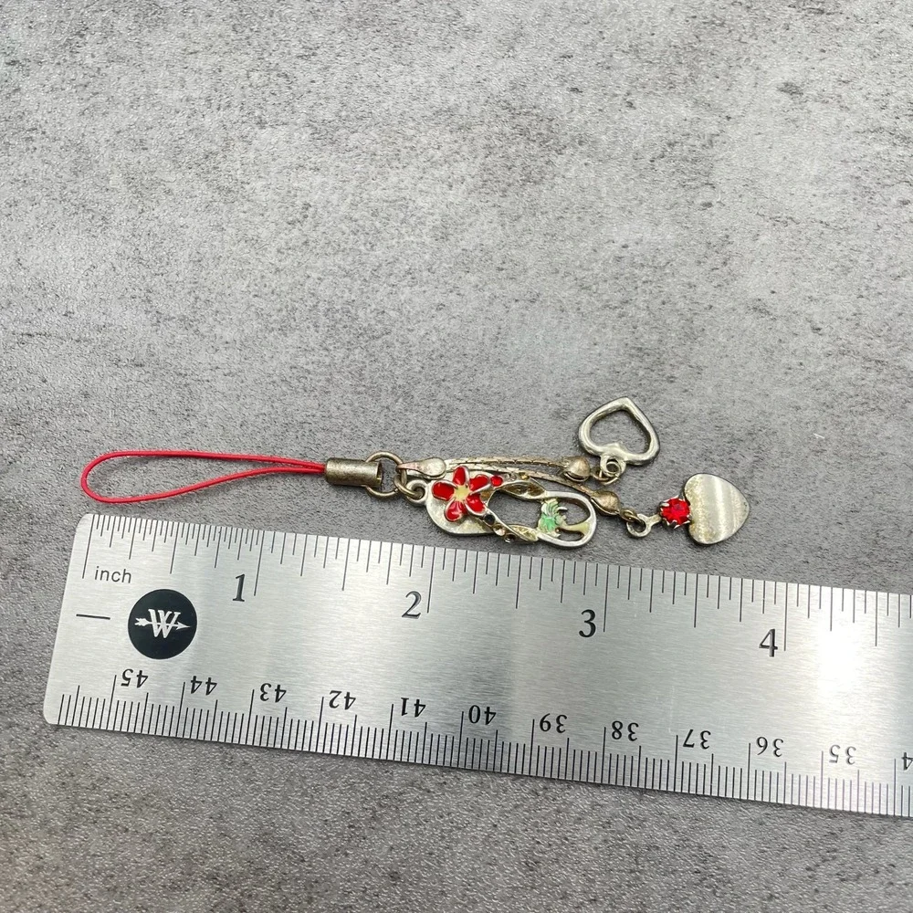 Y2K Silver-Tone Embellished Red Plumeria Flower Heart Dangle‎ Cell Phone Charm